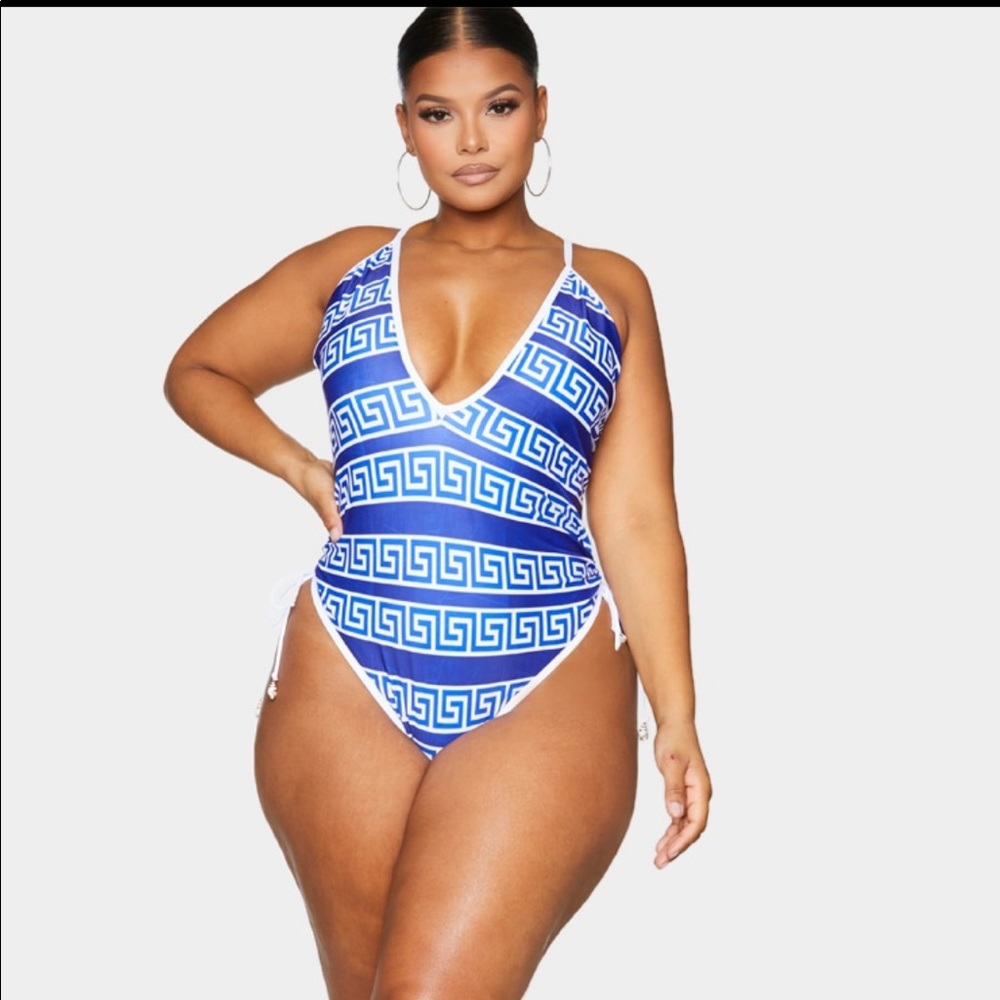 Pretty Little Thing Blue Greek Key Ruched Swimsuit